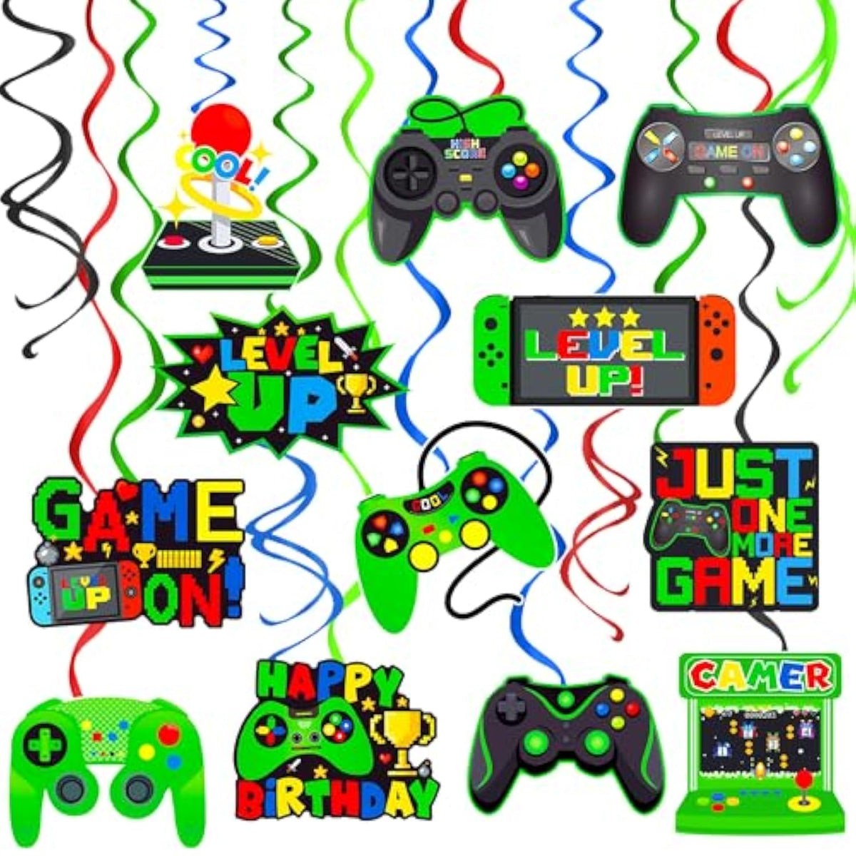 Green Video Game Hanging Swirls 20Pcs Gamer Birthday Party Decorations Game On Birthday Hanging Decoraiton Gaming Ceiling Streamers For Game Level Up Party Supplies