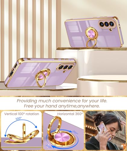 for  Galaxy A37 5G Case,2X Screen Protector,360° Rotatable Ring Holder Magnetic Kickstand,Plated Gold Edge Slim Soft TPU Protective Phone