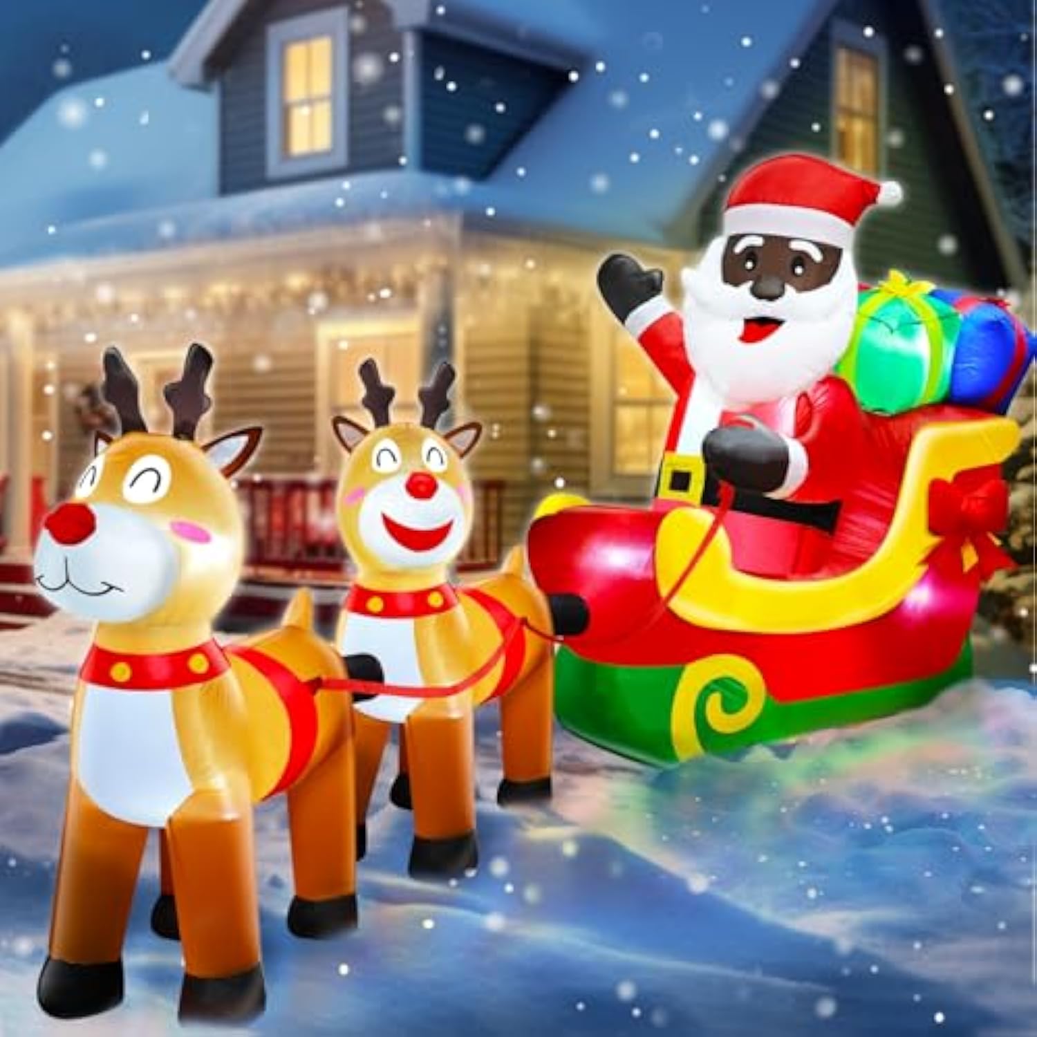 8 Ft Long Christmas Inflatables Black Santa Claus On Sleigh With Reindeer & Gift Boxes Xmas Blow Up Built-In Led Lights