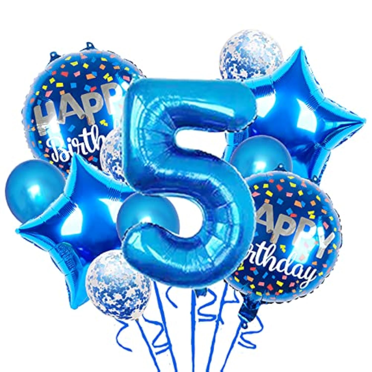 Blue 5th Birthday Balloon Set – 11pcs Foil & Confetti Balloons for Kids Party Decor