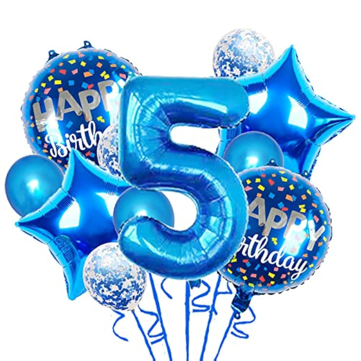 Blue 5th Birthday Balloon Set – 11pcs Foil & Confetti Balloons for Kids Party Decor