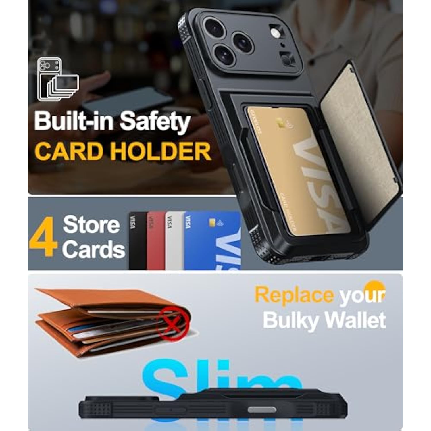 For Iphone 17 Pro Max Case With Card Holder?4-5 Cards?[Rfid Blocking][9H Screen Protector ][Full Camera Protection][Hidden Kickstand]Rugged Heavy Duty Wallet Case For Iphone 17 Pro Max (Black)