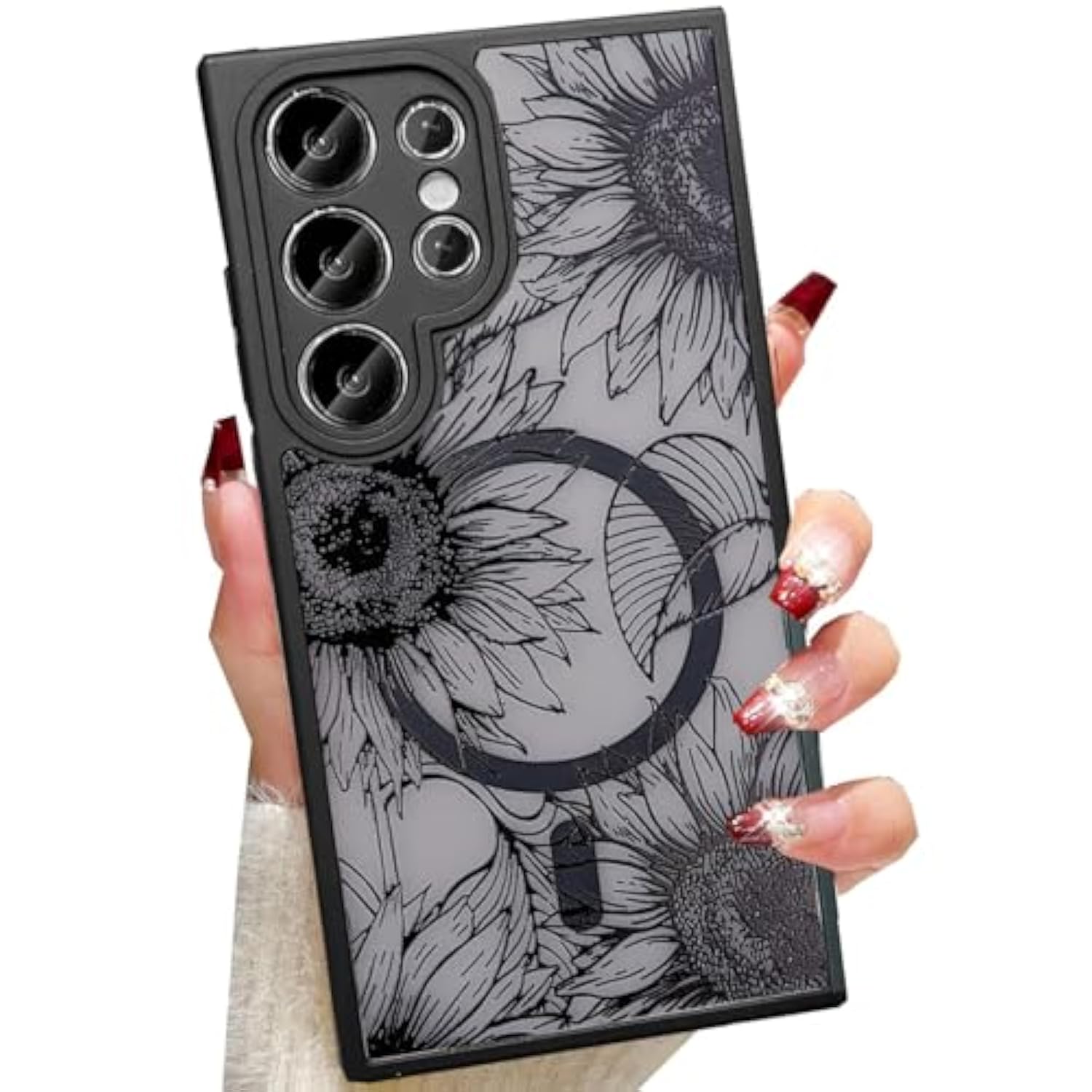 For Samsung Galaxy S25 Ultra Magnetic Floral Case, [Compatible With Magsafe] Cute Black Flower Phone Case For Women Girls Tpu Bumper Translucent Shockproof Case For Galaxy S25 Ultra,Sunflower