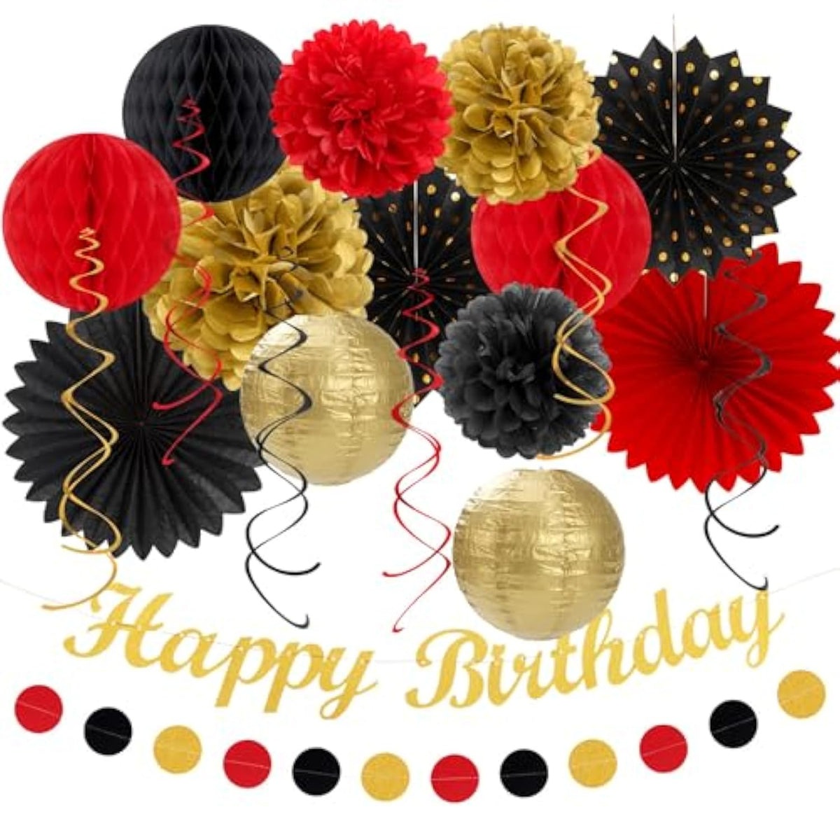 Red-Black Gold Casino-Theme Birthday Party-Decorations - 21Pcs Happy Banner,Game Night Paper Lanterns,Tissue Pom Poms Flower Fan,Honeycomb Ball,Swirl Streamers Garland Supplies Women Men Decor