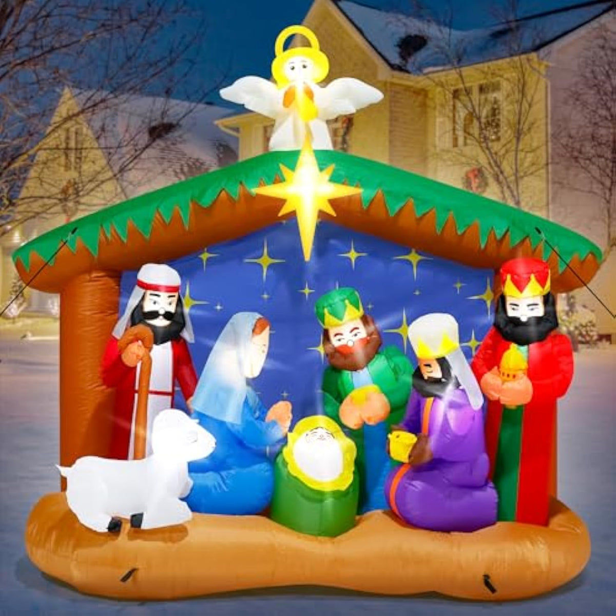 8Ft Christmas Inflatables Nativity Scene, Blow Up Christmas Nativity Scene, Led Lighted The Birth Of Jesus Scene Inflata