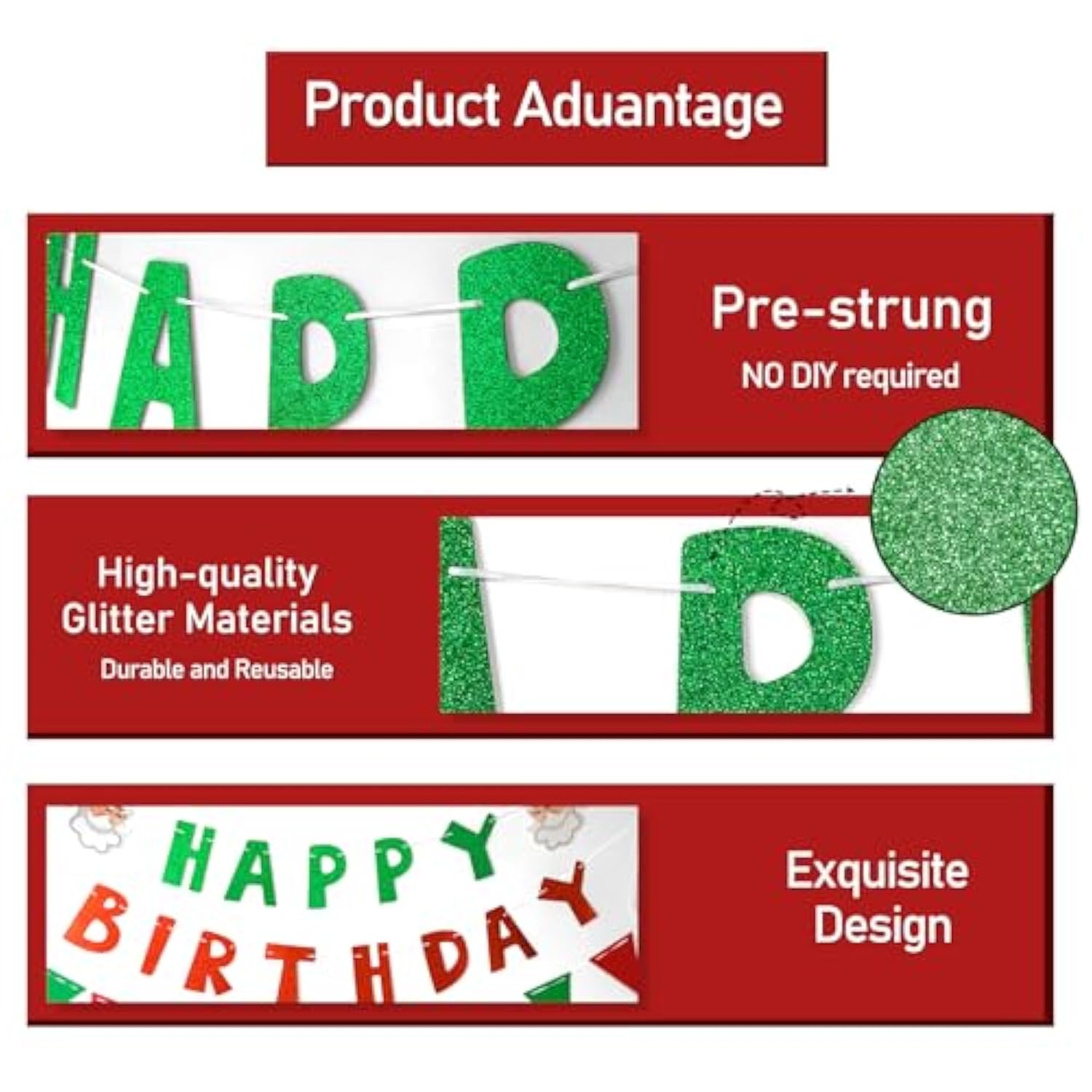 Glitter Christmas Birthday Banner Red Green Bunting Garland Party Decorations