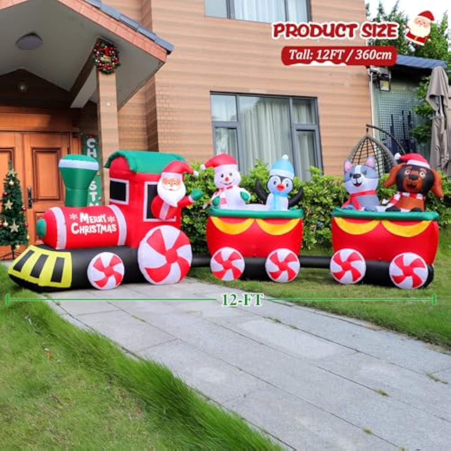 12 Ft Christmas Inflatable Train With Santa Claus, Snowman, Penguin, Dog, Blow Up Santa Train Yard Decorations Built-In