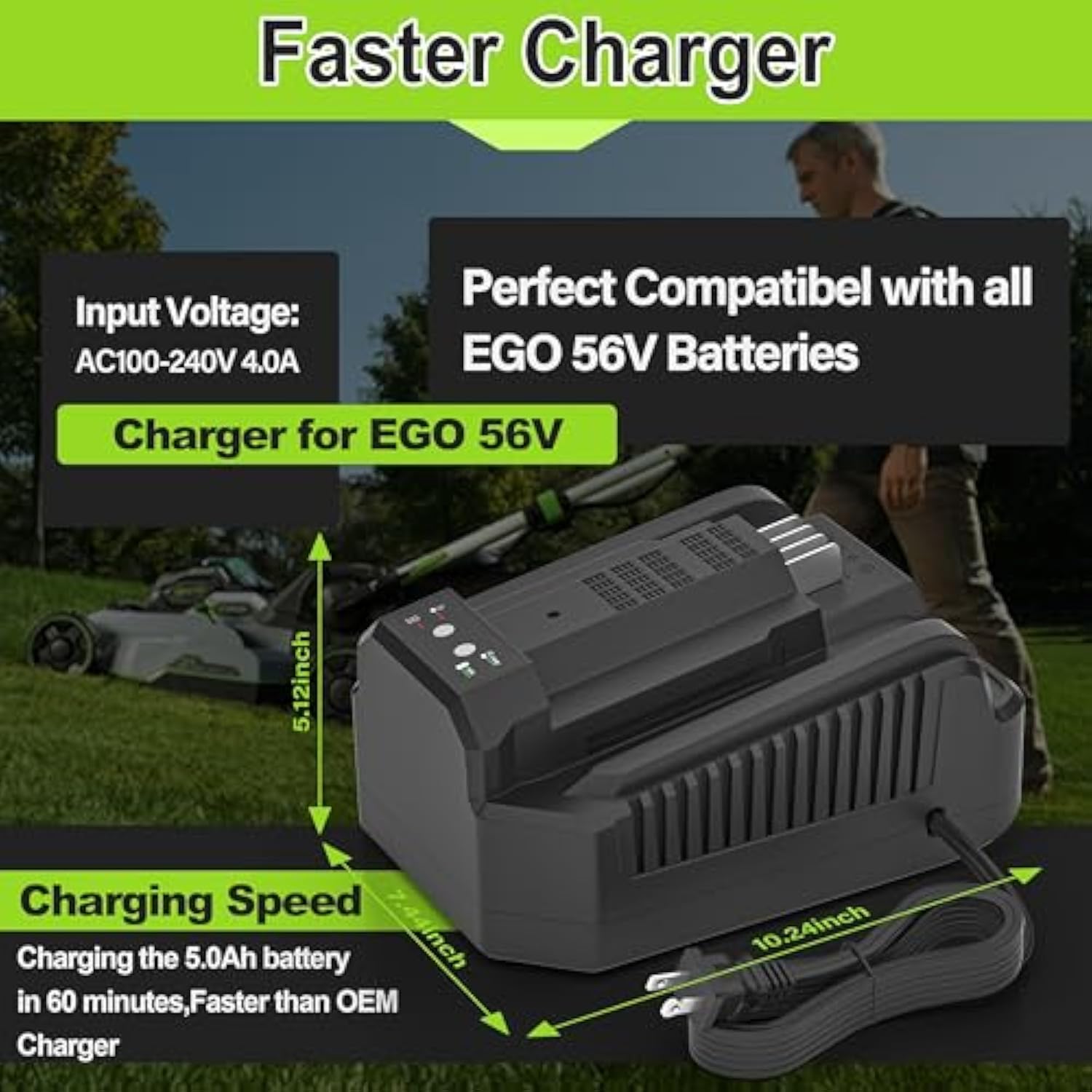 Upgraded Ch2100 56-Volt 4A Rapid Charger Replacement For Ego 56V Battery Charger Ch2100 Ch3200 Ch5500,Compatible With Ego 56V Battery Ba2800 Ba1400 Ba5635 Ba4200