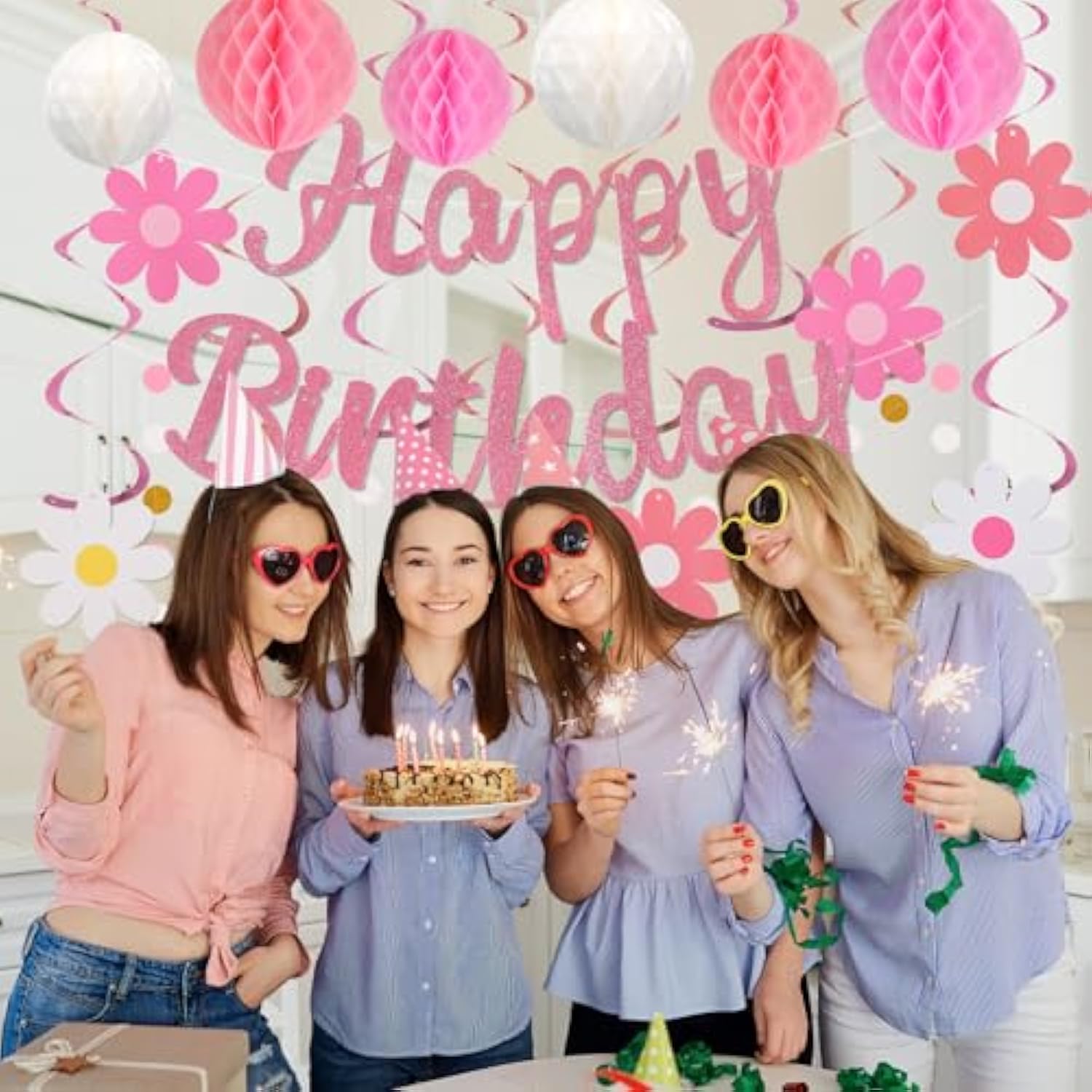 16pcs Pink Birthday Decor, Pre-Strung Banner, Honeycomb Balls, Swirls, Garland