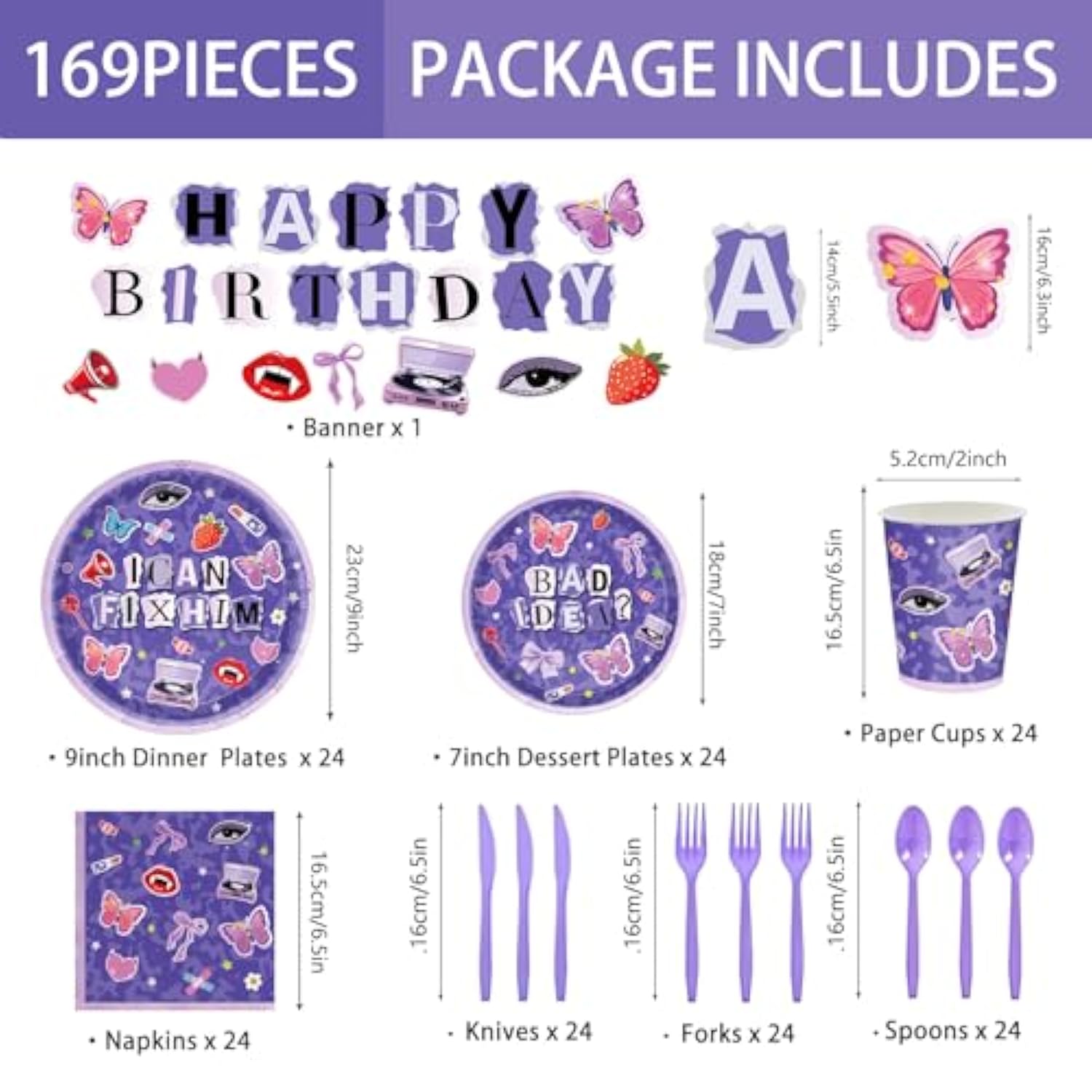 169Pcs Purple Music Birthday Decorations Pop Star Party Decorations Purple Birthday Plates Napkins Cups Banner Cutlery, Purple Party Supplies, Serves 24