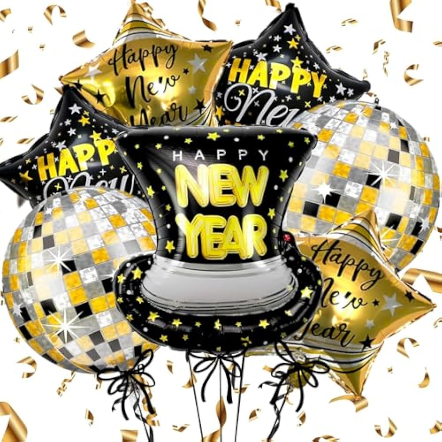 7pc 22-Inch Happy New Year Balloon Set Disco Ball & Star Foil Decor