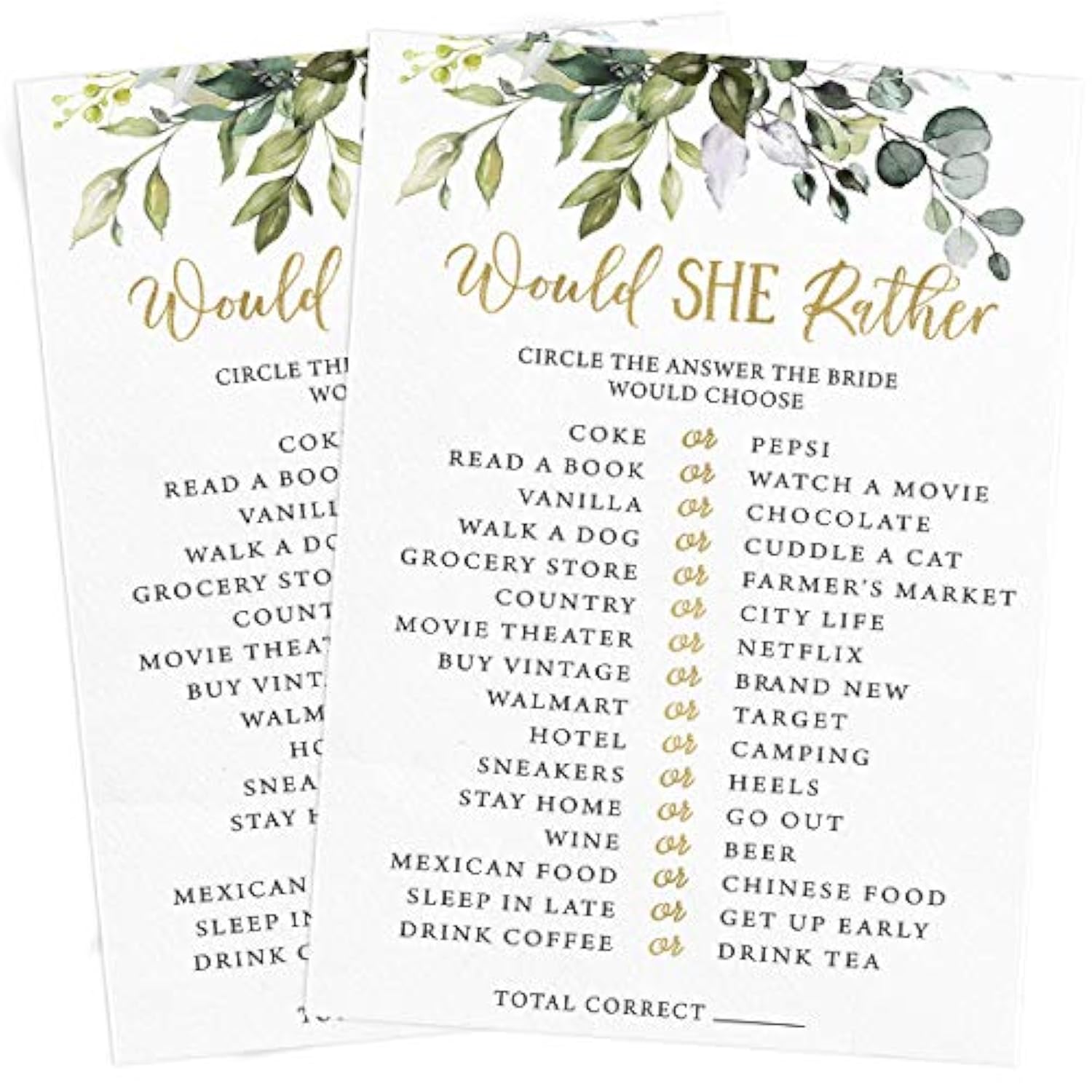 Bridal Shower Games – Would She Rather Game With Fun Bride-To-Be Trivia, Wedding Shower Activity, Botanical Eucalyptus Theme, 50 Guests