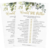 Bridal Shower Games – Would She Rather Game With Fun Bride-To-Be Trivia, Wedding Shower Activity, Botanical Eucalyptus Theme, 50 Guests