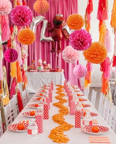 15PCS Hot Pink Orange Party Decorations Tissue Paper Flowers Pom Poms Honeycomb for Girl Groovy Birthday Baby Shower Wedding Bachelorette Summer Flamingo Party Nursery Wall Hanging Décor