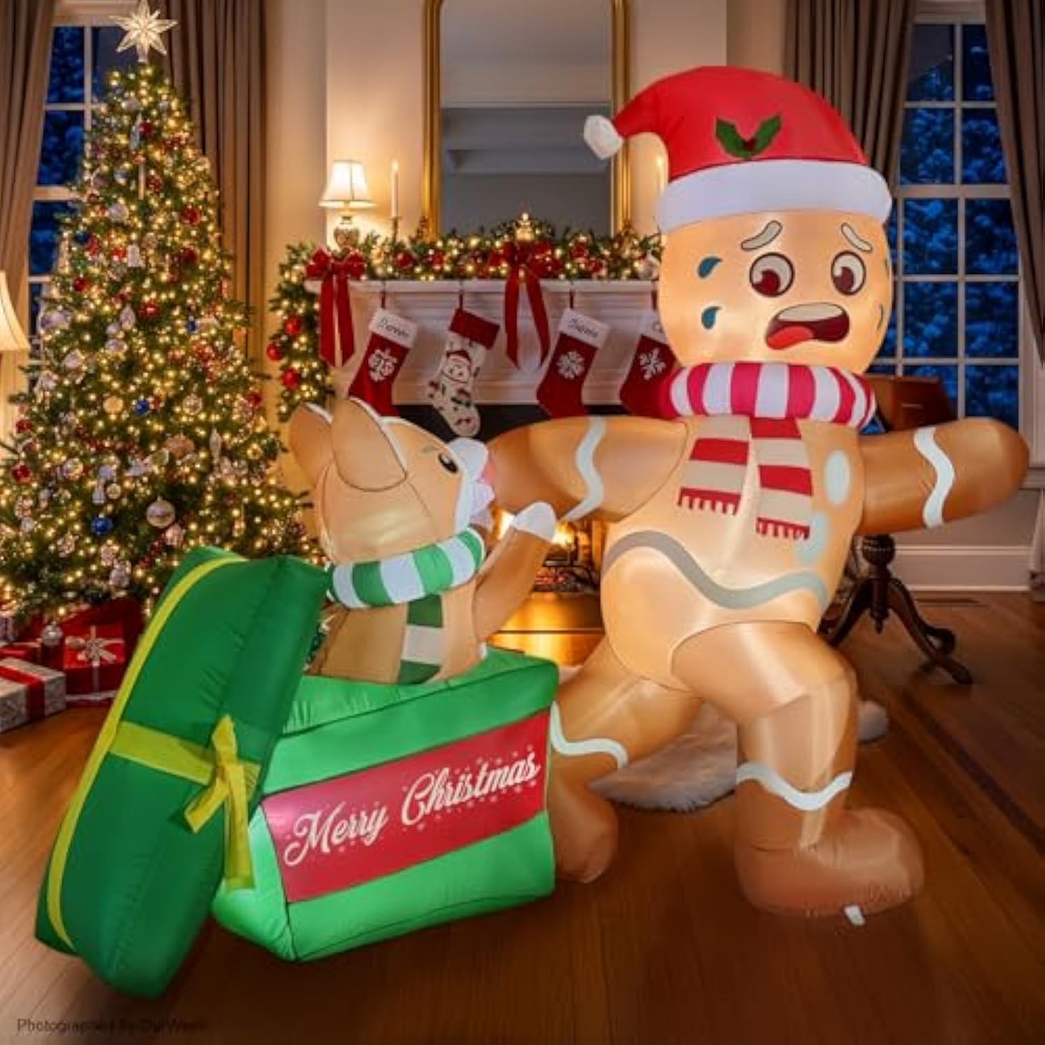5 Ft Christmas Inflatable Outdoor Decoration, Dog Biting Gingerbread Inflatable With Led Lights, Funny Christmas Blow Up