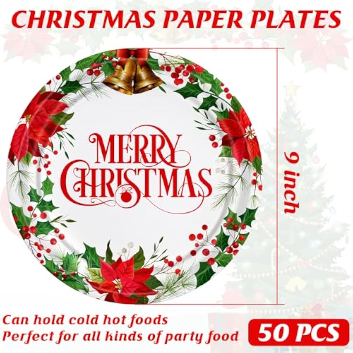 50 Pcs Christmas Paper Plates, 9'' Christmas Party Plates, Disposable Holly Poinsettia Design Merry Xmas Holiday Dinnerware For Xmas Party Supplies Winter Decorations