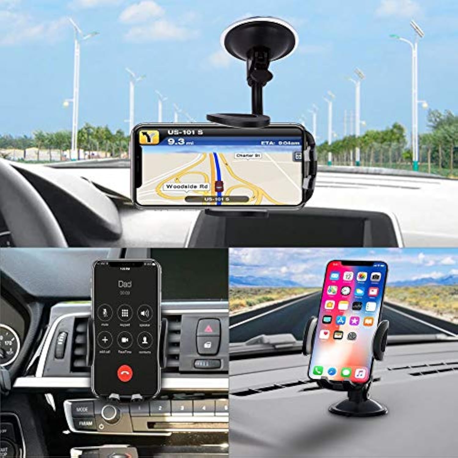 Car Phone Holder Mount, 3-In-1 Universal Cell Phone Holder Car Air Vent Holder Dashboard Mount Windshield Mount Fit For Iphone 16 15 14 13 Pro Max, Samsung S24 S23 Lg Sony And More