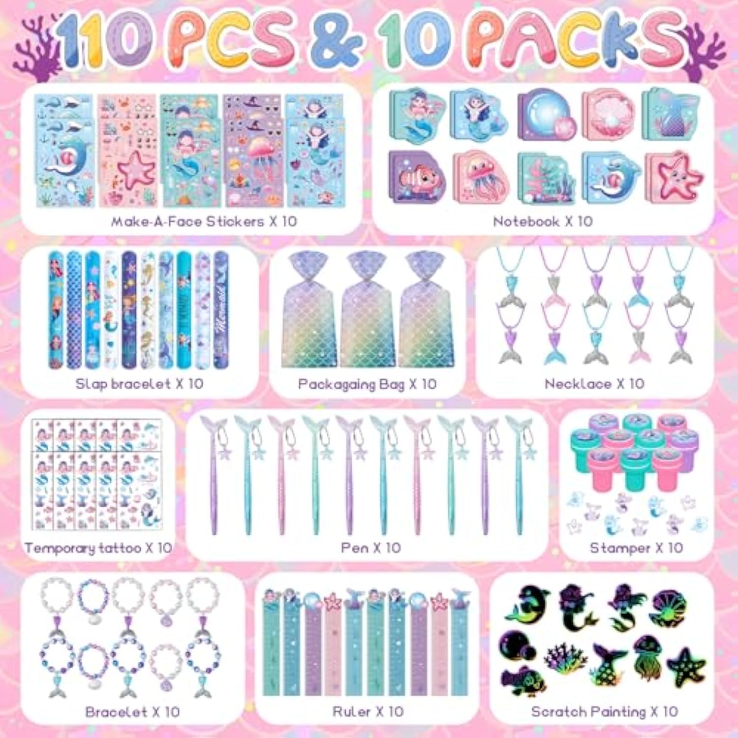 110Pcs Mermaid Party Favors Including Stampers, Notebooks, Mermaid Party Decorations