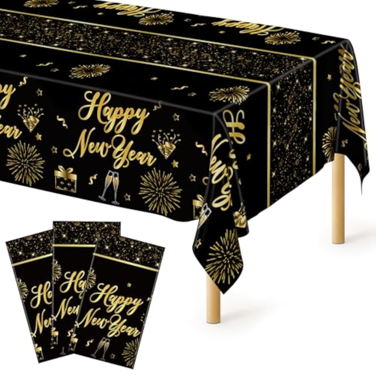 3 Pcs New Year 2026 Tablecloths 108x54in Black Gold Firework Design Disposable