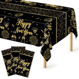 3 Pcs New Year 2026 Tablecloths 108x54in Black Gold Firework Design Disposable