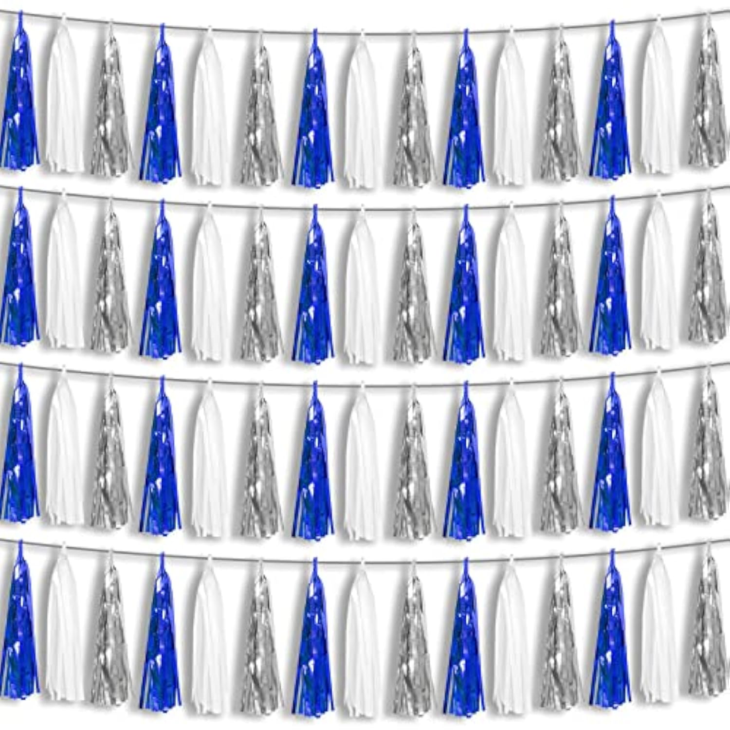4P Navy-Blue White-Silver Foil Fringe Metallic Tassel Garland Banner, Tassels Banner Streamers For Parade Floats, Bachelorette, Wedding, Birthday, Halloween, Bridal/Baby Shower Party Decorations