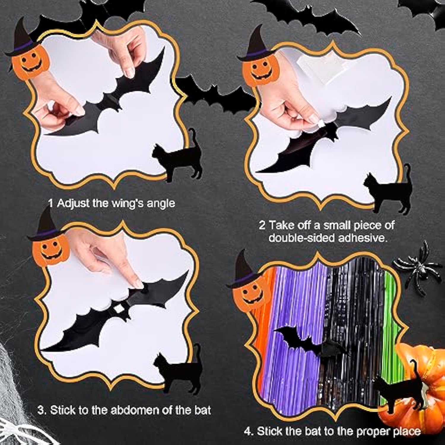 Pack of 2 Halloween Foil Fringe Curtains Backdrop Orange Purple Black Green with Bats