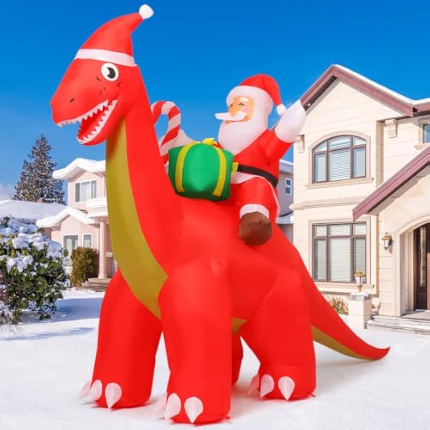 8.5Ft Long Christmas Inflatables Outdoor Decorations, Blow Up Santa Claus Riding Dinosaur With Built-In Leds For Christm
