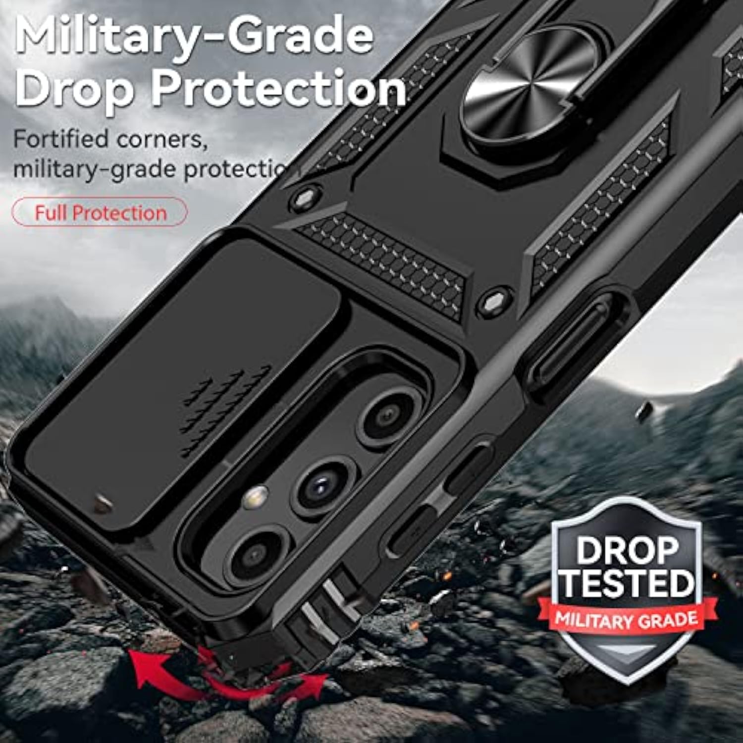 For Samsung Galaxy A25 5G Case With Slide Camera Cover Hd Screen Protector [Military Grade 16Ft. Drop Tested] Magnetic Ring Holder Kickstand Protective Phone Case For Galaxy A25 5G 2024, Black