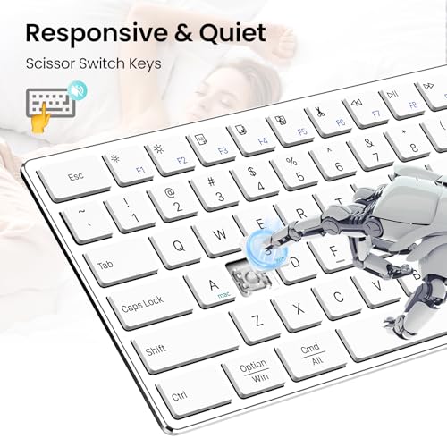 2.4G Wireless Bluetooth Keyboard Rechargeable, Stainless Steel Ultra Slim Full Size Keyboard With Numeric Keypad Low Profile Silent Cordless Keyboards For Computer/Mac/Windows