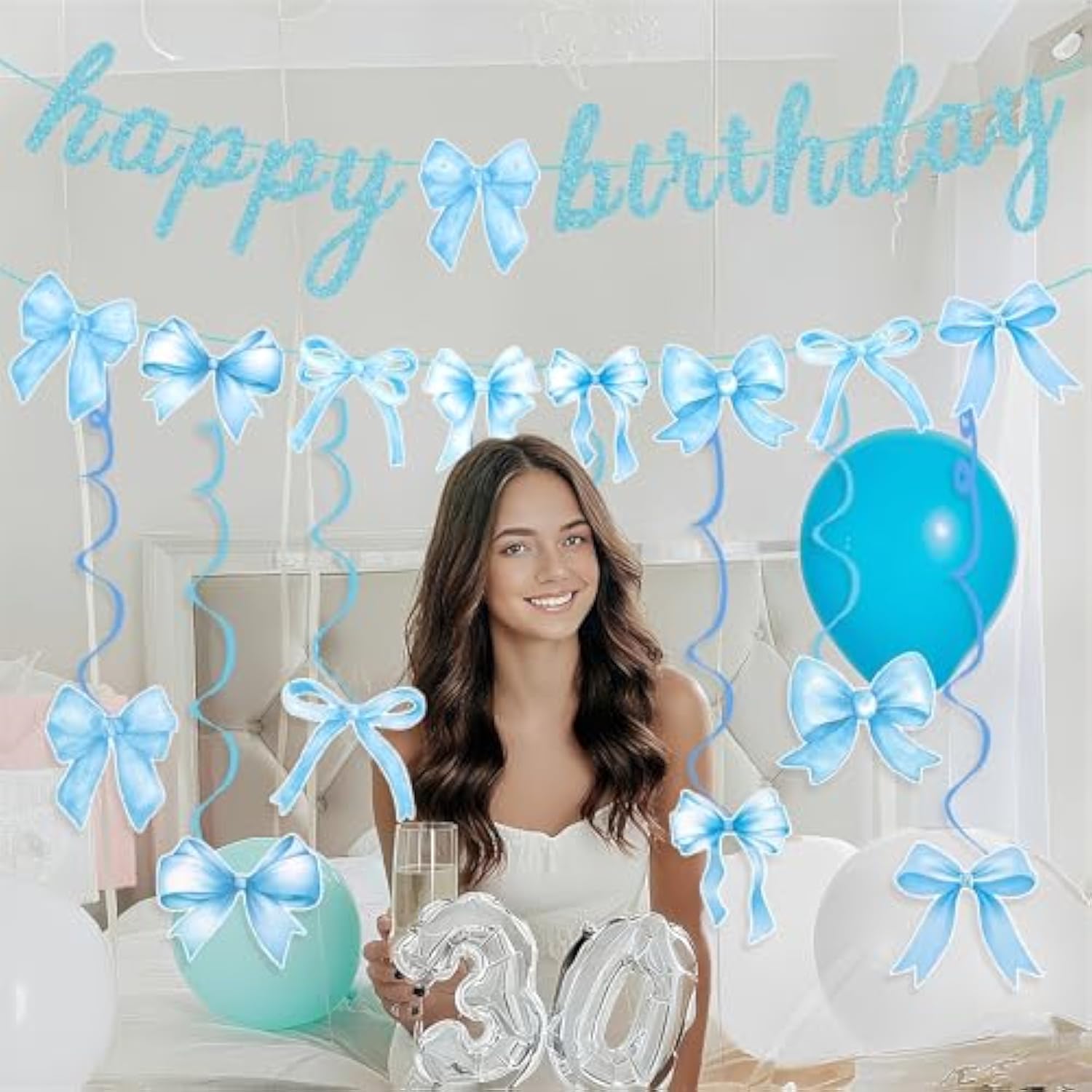 Blue Bow Birthday Banner Garland With Hanging Swirls For Baby Blue Bow Party Decor Coquette Birthday Decorations
