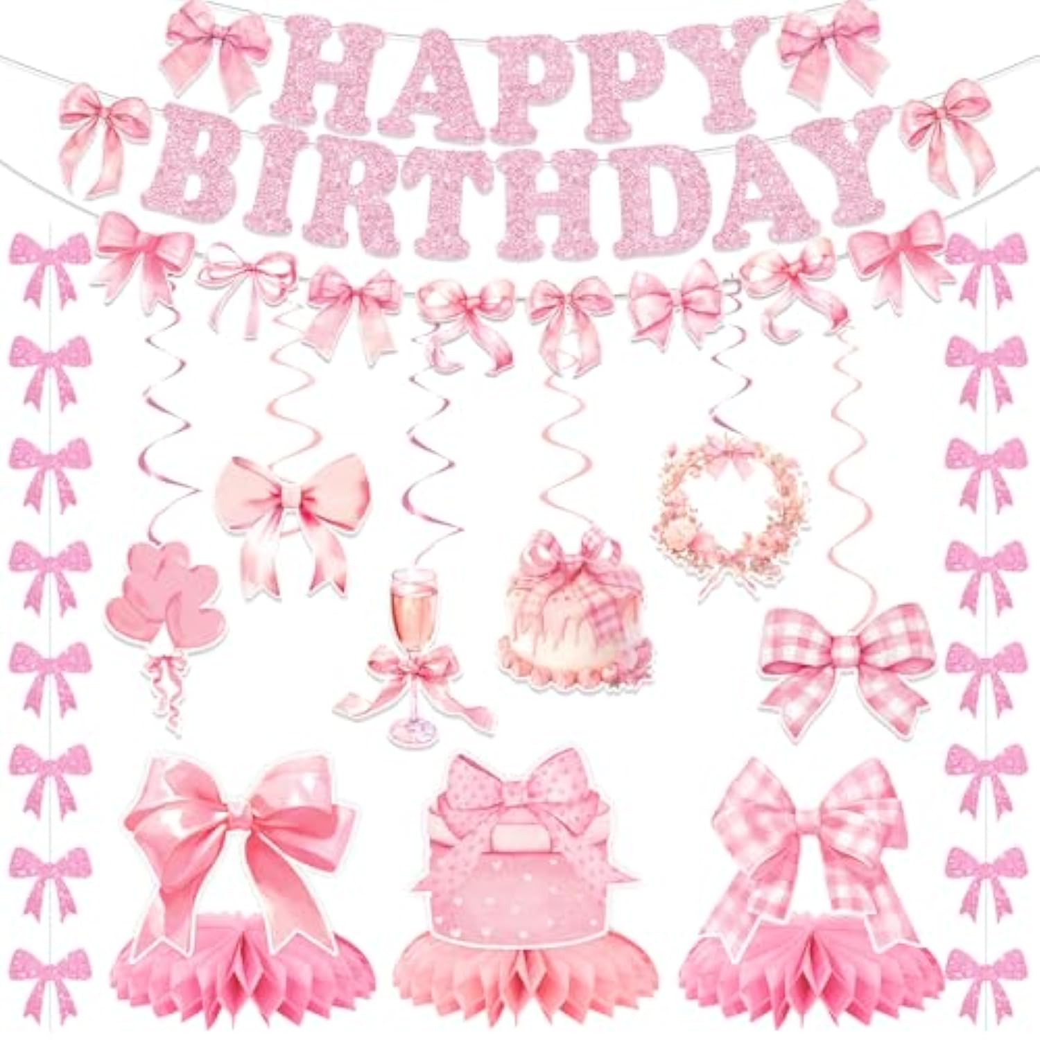 Pink Bow Birthday Party Decorations Girl Bow Themed Party Decor Include Happy Birthday Banner Hanging Swirls Table Honeycomb Centerpieces Hanging Banners For Girls Baby Shower Birthday Party Decor