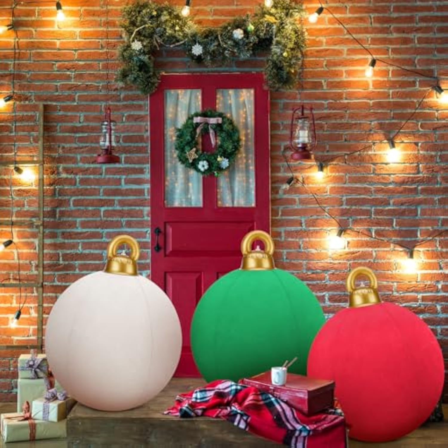 3 Pcs 32 Inch Giant Velvet Christmas Inflatable Balls Ornament Flocked Xmas Pvc Inflatable Flocked Ball Ornaments For Ch