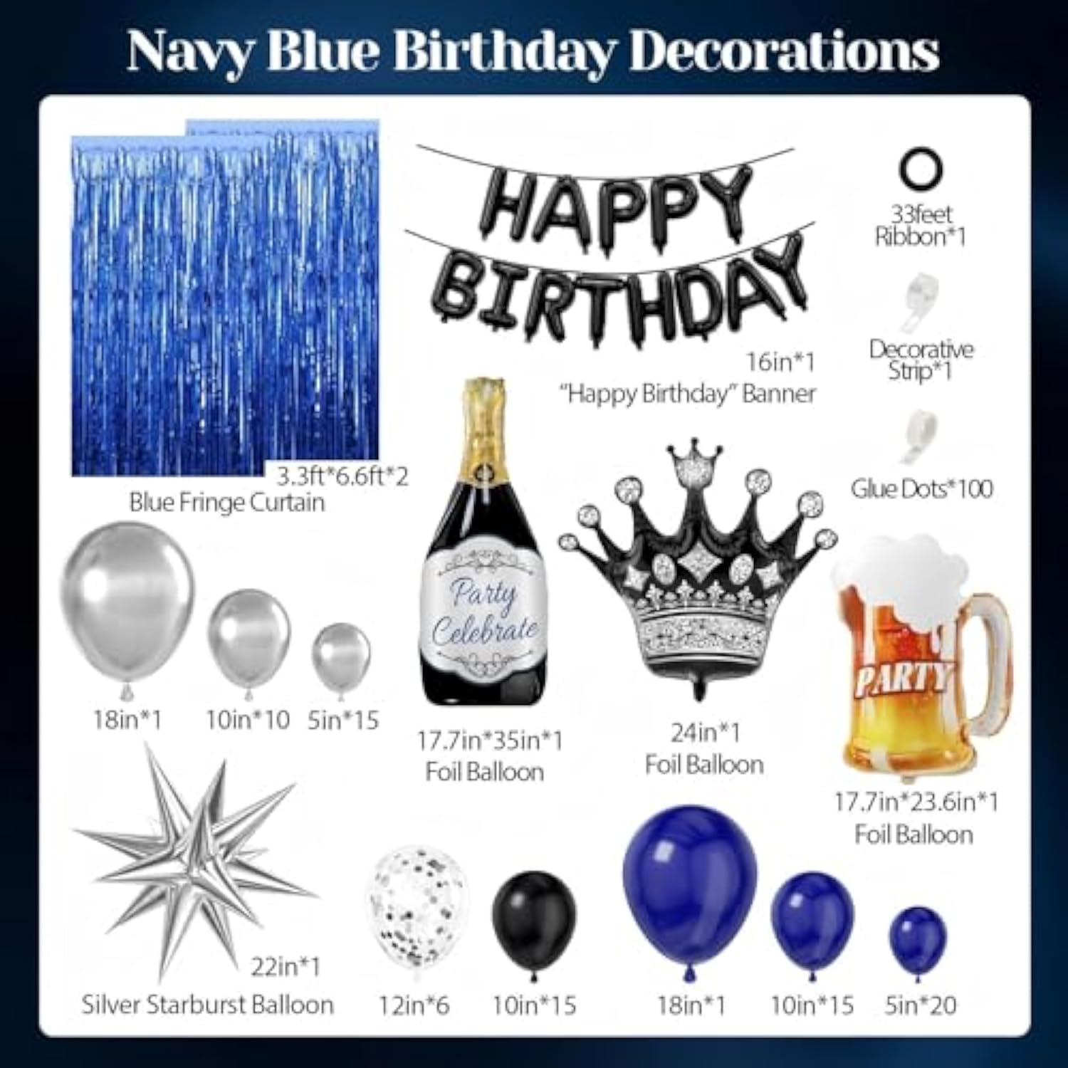 Blue And Black Happy Birthday Decorations For Men With Happy Birthday Banner, Fringe Curtains, Birthday Party, Balloon Kits For 21St,25Th 27Th 30Th 35Th 40 50 60Th Birthday Decorations