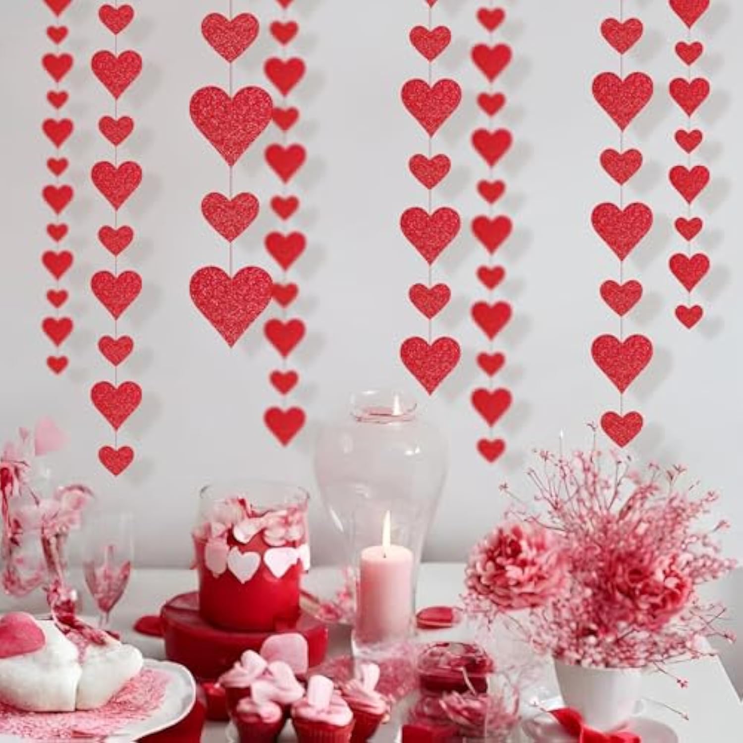 4 Pack Glitter Heart Garland Valentines Day Decorations Paper Hearts Streamers Hanging Hearts Decorations For Valentines Galentines Day Birthday Bridal Shower Wedding Engagement Anniversary (Red)