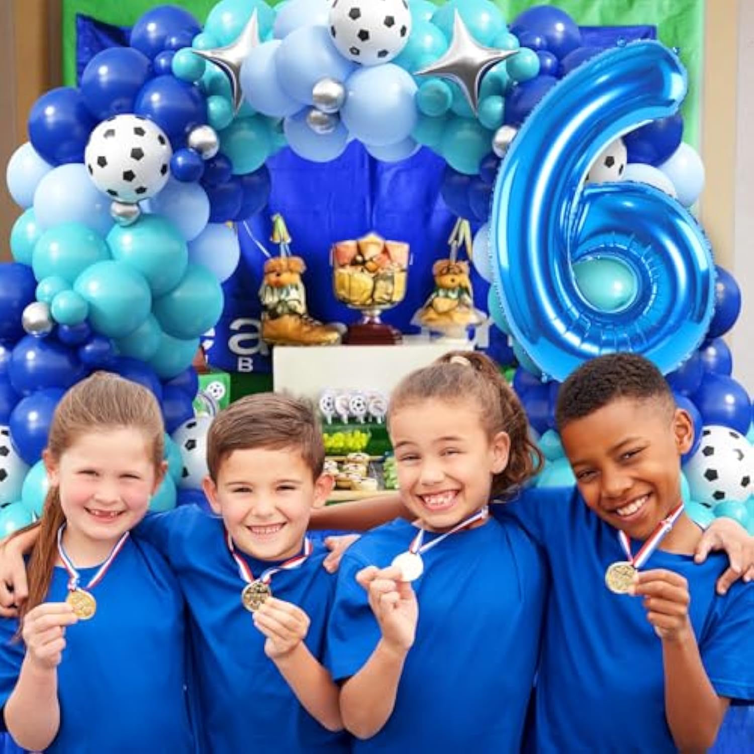 6Th Soccer Birthday Balloons Decorations, Soccer Balloon Arch Kit With Royal Blue Teal Light Blue Balloons, 40 Inch Blue Number 6 Balloon Tower, For Boys 6 Years Old Football Club Party Decorations