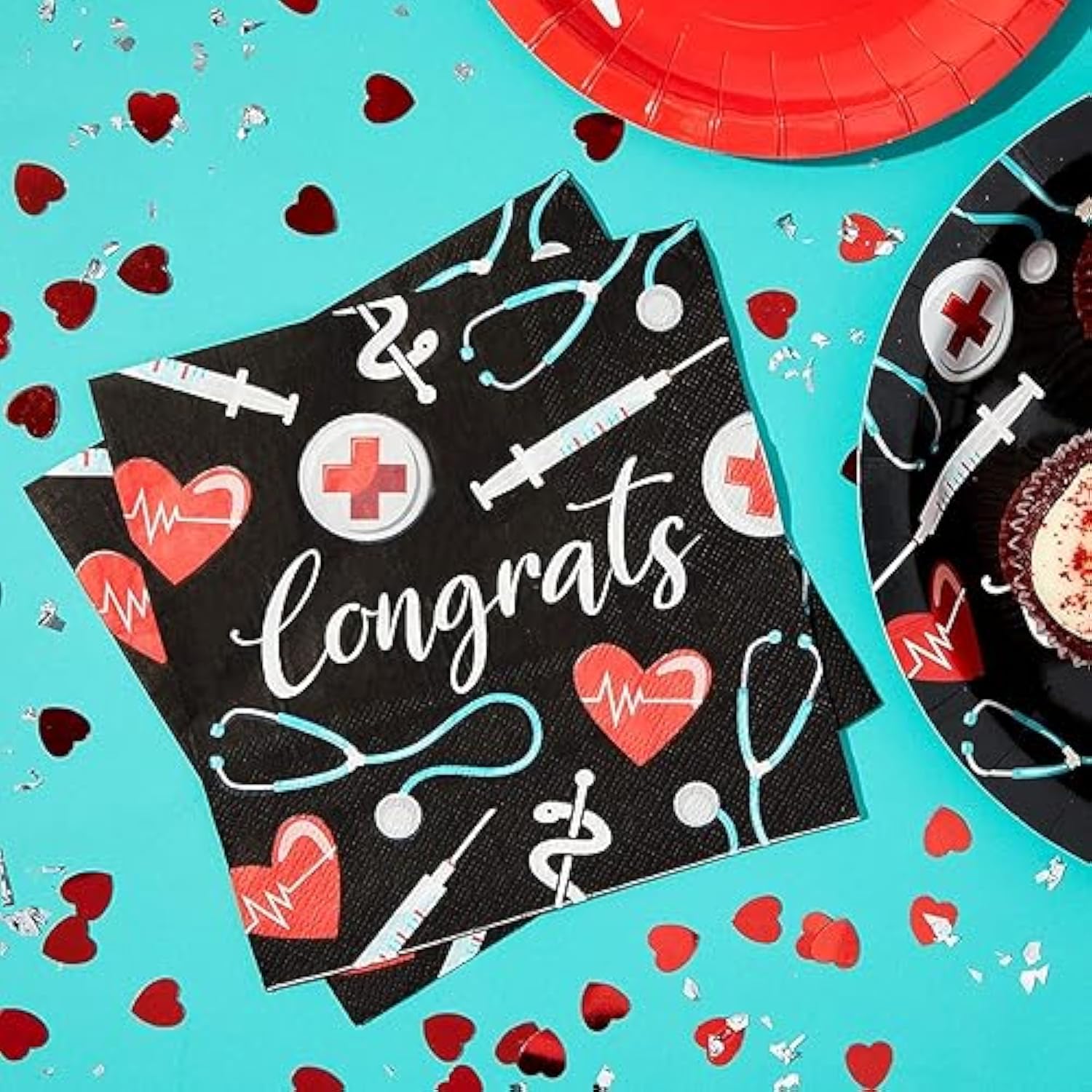 100-Pack Nurse Graduation Decorations Cocktail Napkins - 6.5In X 6.5In Folded, 13In X 13In Unfolded 2-Ply Black - Absorbent Medical Napkins For Rn Party Decor
