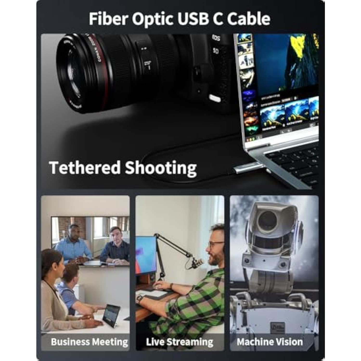 Fiber Optic Usb C Cable 50Ft,10Gbps High Speed Active Optical Data Transfer,Compatible With Logitech Cameras,Webcams,Hubs,Hdds,Ar/Vr,Projectors,Printer,Black