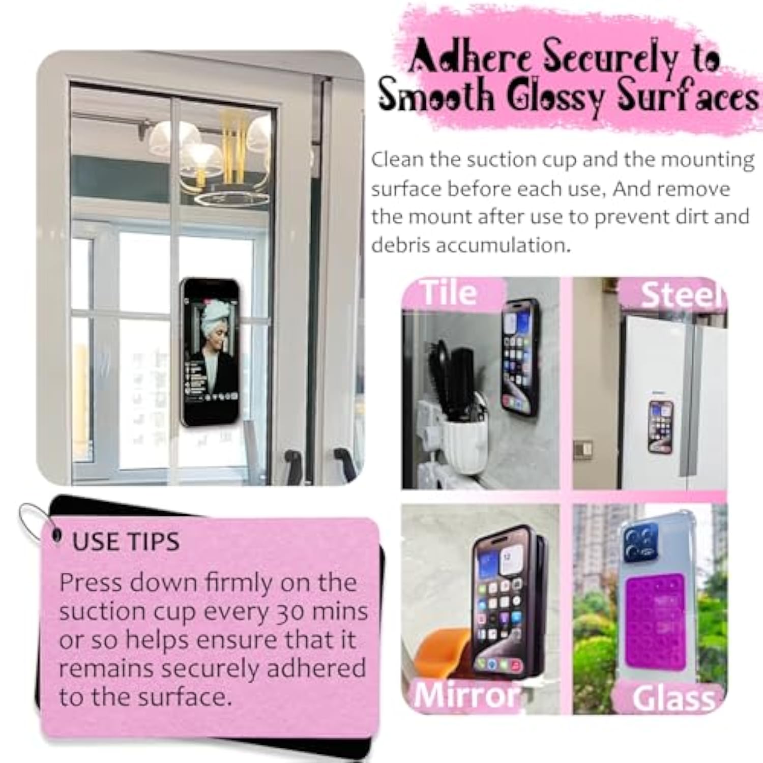 Anteel Silicone Suction Phone Case Mount, Silicon Adhesive Phone Accessory For Smartphones, Hands-Free Mirror Shower Phone Holder For Selfies, Tiktok Videos (White)