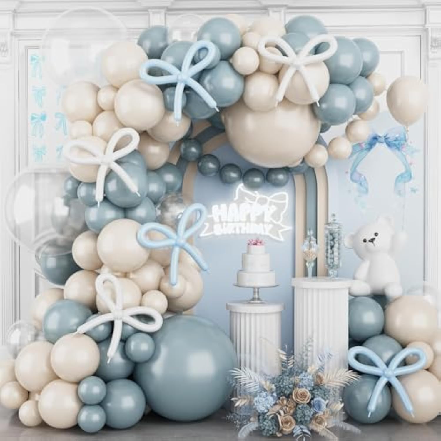 Dusty Baby Blue Balloon Arch Garland Kit,Ivory White Retro Blue Bow Balloons Garland Kit Long Balloon As Bow Decor For Boy Baby Bridal Shower Birthday Wedding Party Decorations