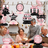 9Pcs Pink Black Happy Retirement Decorations Table Honeycomb Centerpieces Party Supplies Rose Gold Black Retirement Adventure Awaits Sign for Women Retired Decor Goodbye Signs