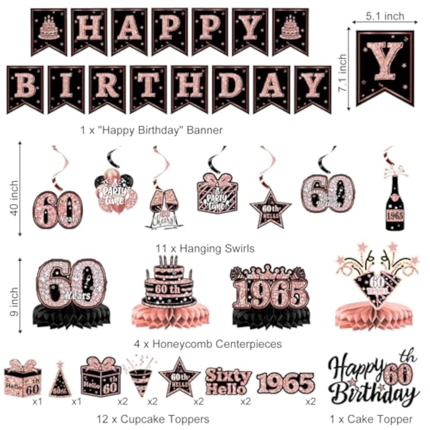 60Th Birthday Decorations For Women – 58Pcs Rose Gold & Black Party Supplies With Back In 1965 Backdrop, Banner, Honeycomb Centerpieces, Balloons, Hanging Swirls, Foil & Latex Balloon, Sash, Pom Poms