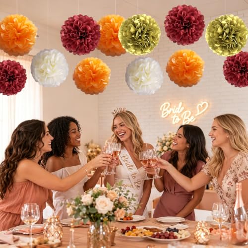 Tissue Paper Pom Poms Party Decorations Burgundy Gold Orange Ivory Paper Flower Balls Hanging Paper Pom Pom Flowers for Fall Wedding Bridal Shower Birthday Thanksgiving Autumn Party Backdrop Decor