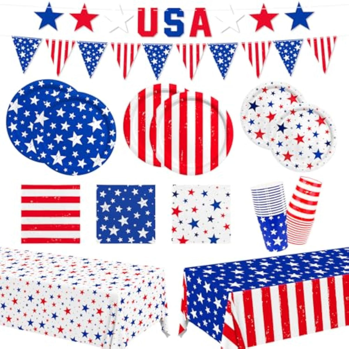 4Th Of July Party Supplies Set, Patriotic Theme Kit For Independence & Election Day Decorations, Includes Plates, Napkins, Cups, Banner, Tablecloth -Patriotic & 4Th Of July Party Decorations-24 Guests