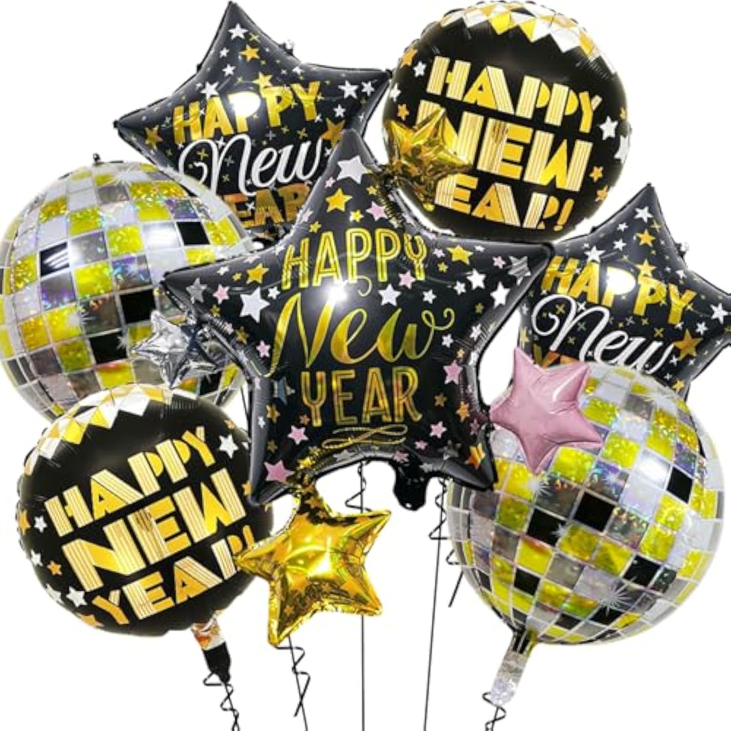7Pcs 29.5in Black Gold Happy New Year 2026 Foil Balloons Party Decorations