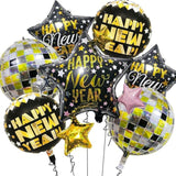 7Pcs 29.5in Black Gold Happy New Year 2026 Foil Balloons Party Decorations