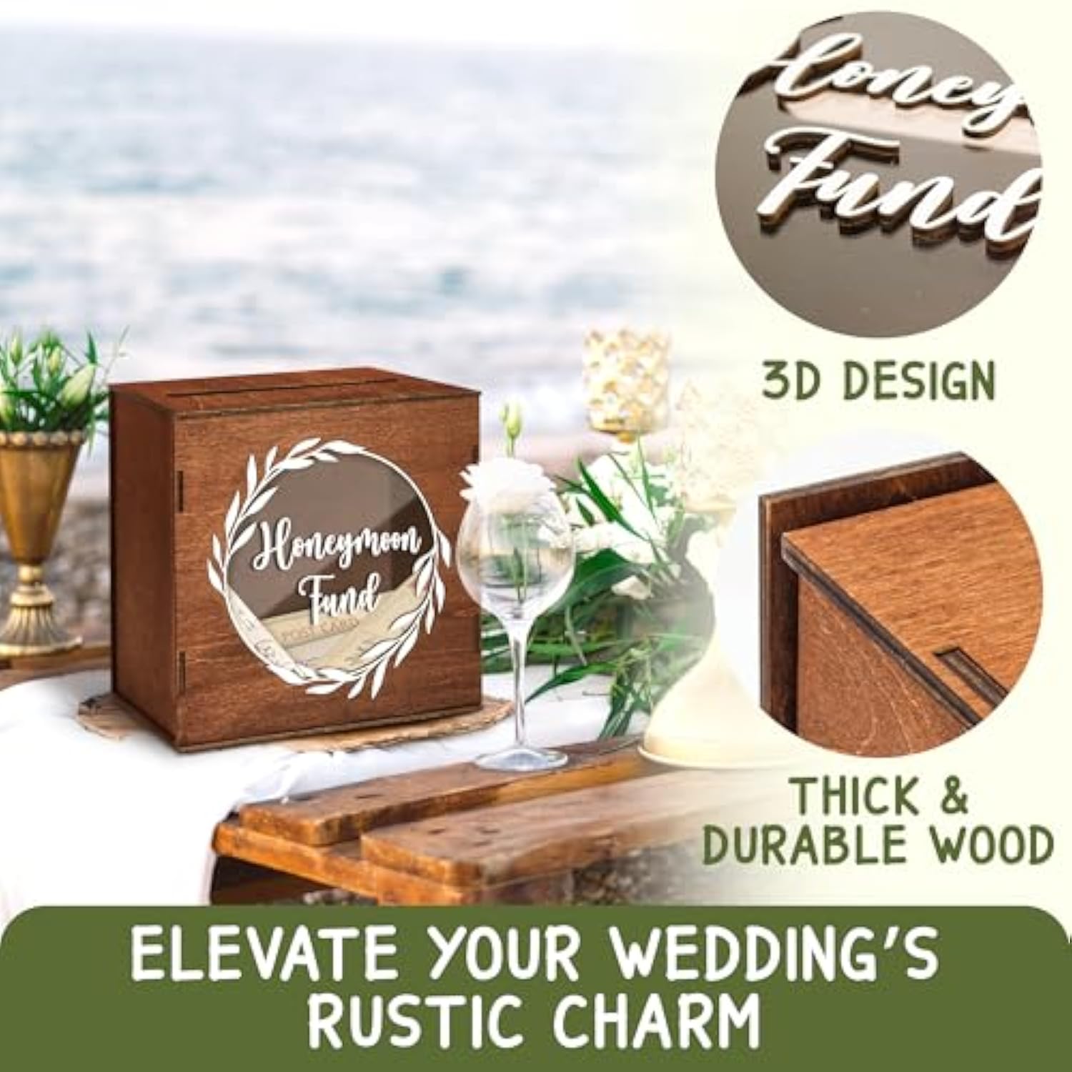 Honeymoon Fund Box For Wedding - Rustic Wooden Card Box, Honey Moon Funds Box, Elegant Wedding Card Box For Reception, Birthdays, Graduations, Baby And Bridal Showers