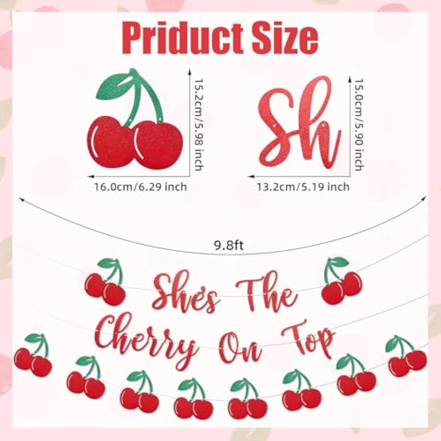 She’S The Cherry On Top Banner – Pre-Strung Red Glitter Cherry Birthday Banner With Bonus Cherry Garland For Girls’ First Birthday, Fruit Theme Party, Summer Picnic, And Baby Shower Decorations