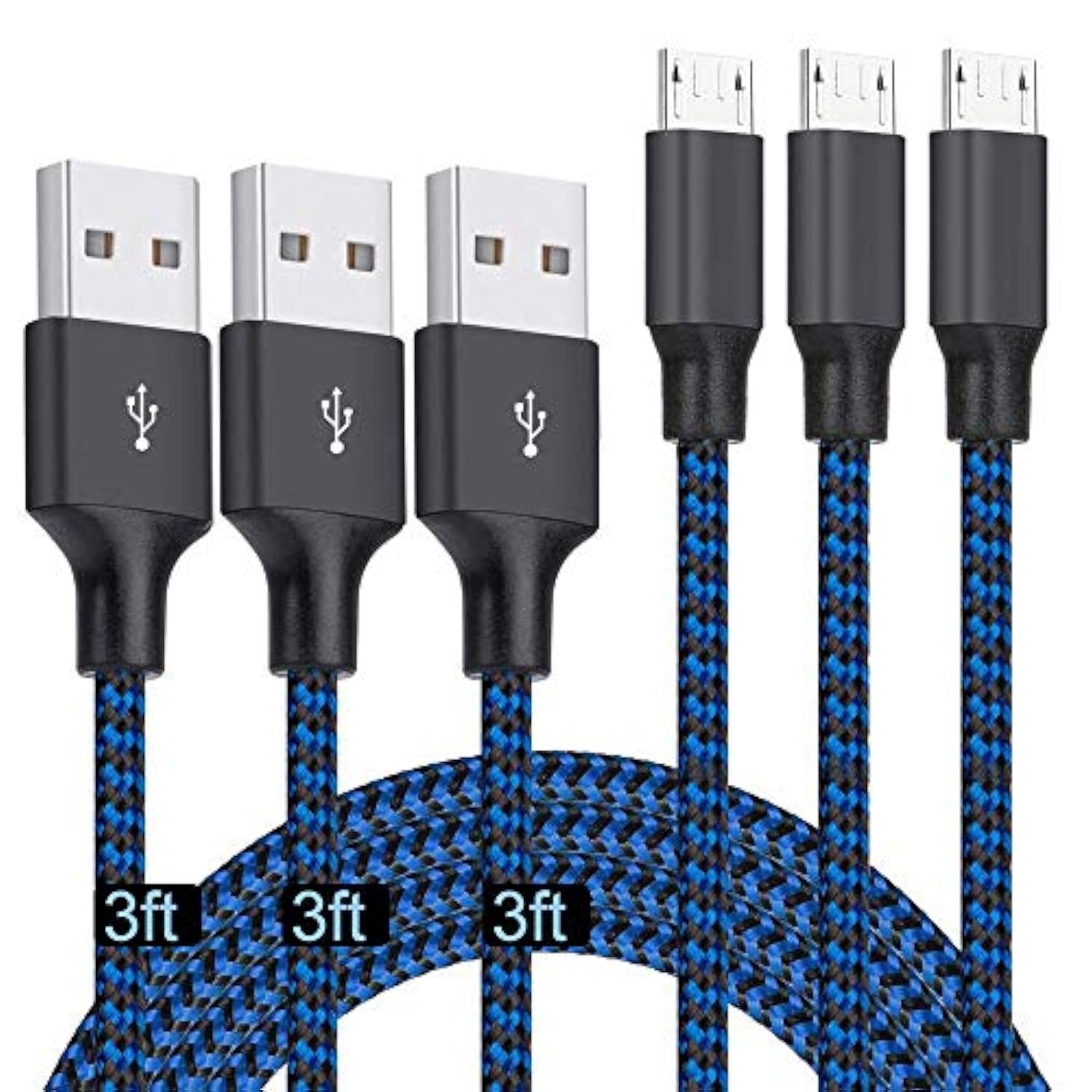 Micro Usb Cable 3Ft, 3Pack 3Ft Nylon Braided High Speed Micro Usb Charging And Sync Cables Android Charger Cord Compatible Samsung Galaxy S7 Edge/S6/S5/S4,Note 5/4/3,Lg,Tablet And More(Blue)