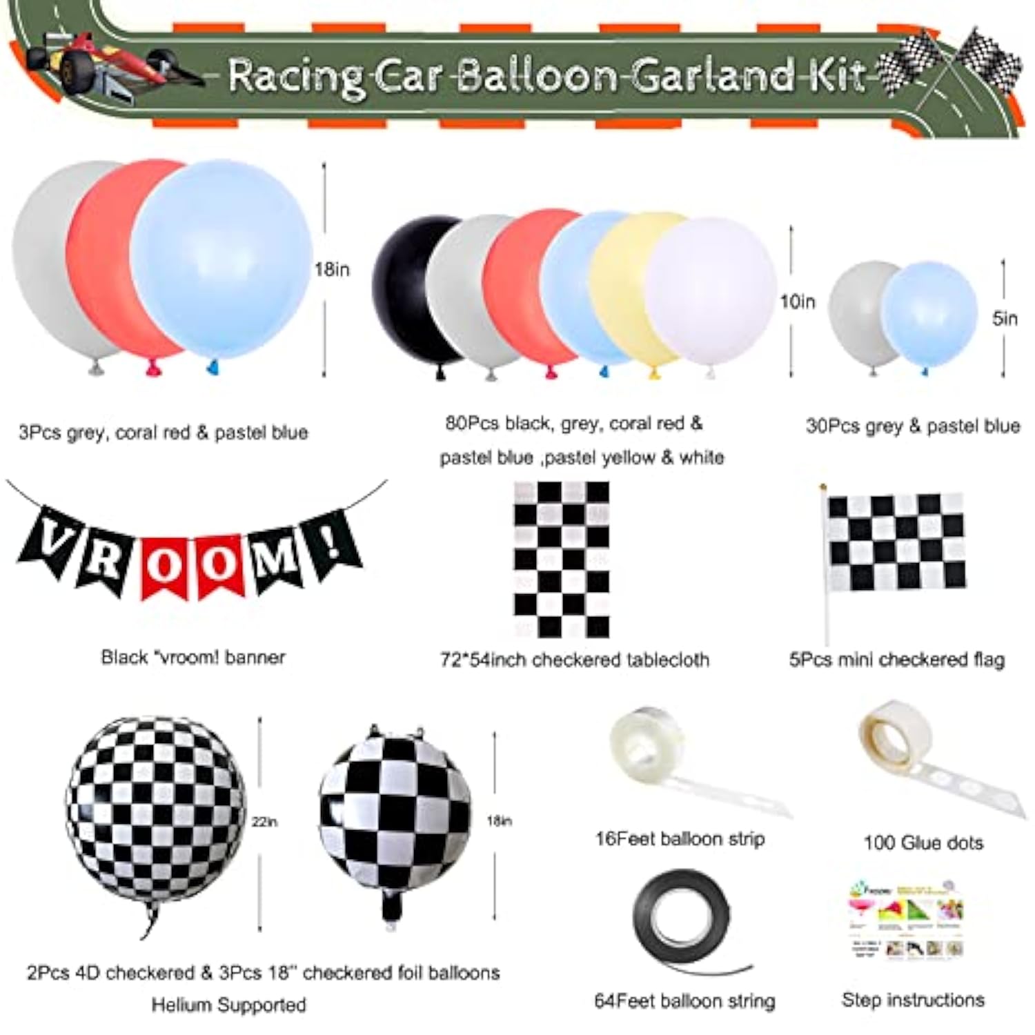 Race Car Balloon Garland Kit – Pastel Coral, Blue, Yellow, Black, White Balloons & Decor Set
