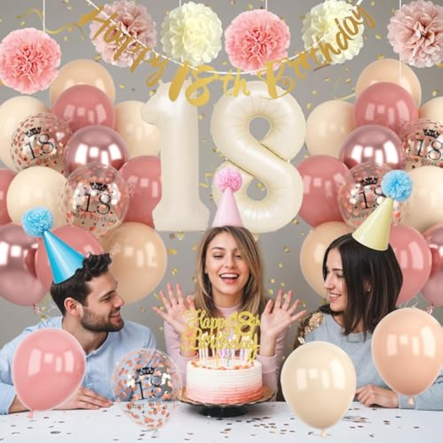 18Th Birthday Decorations For Girl Retro Blush Pink Birthday Balloons Happy 18Th Banner Cake Topper Pom Poms Dusty Rose Gold Number 18 Balloon For Her 18 Year Old Bday Party Decoration Supplies